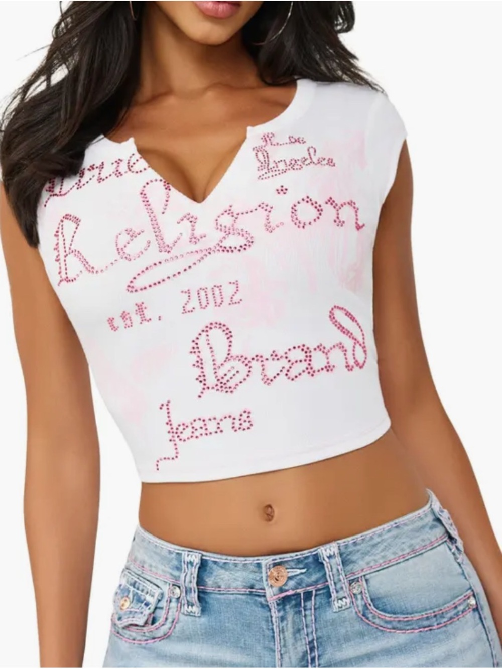 True Religion Crystal Embellished Buddha Crop Graphic‎ T-Shirt